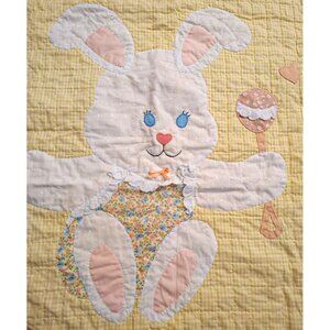 Handmade Vintage Baby Blanket, Yellow Gingham Bunny Rabbit Easter Spring Lace